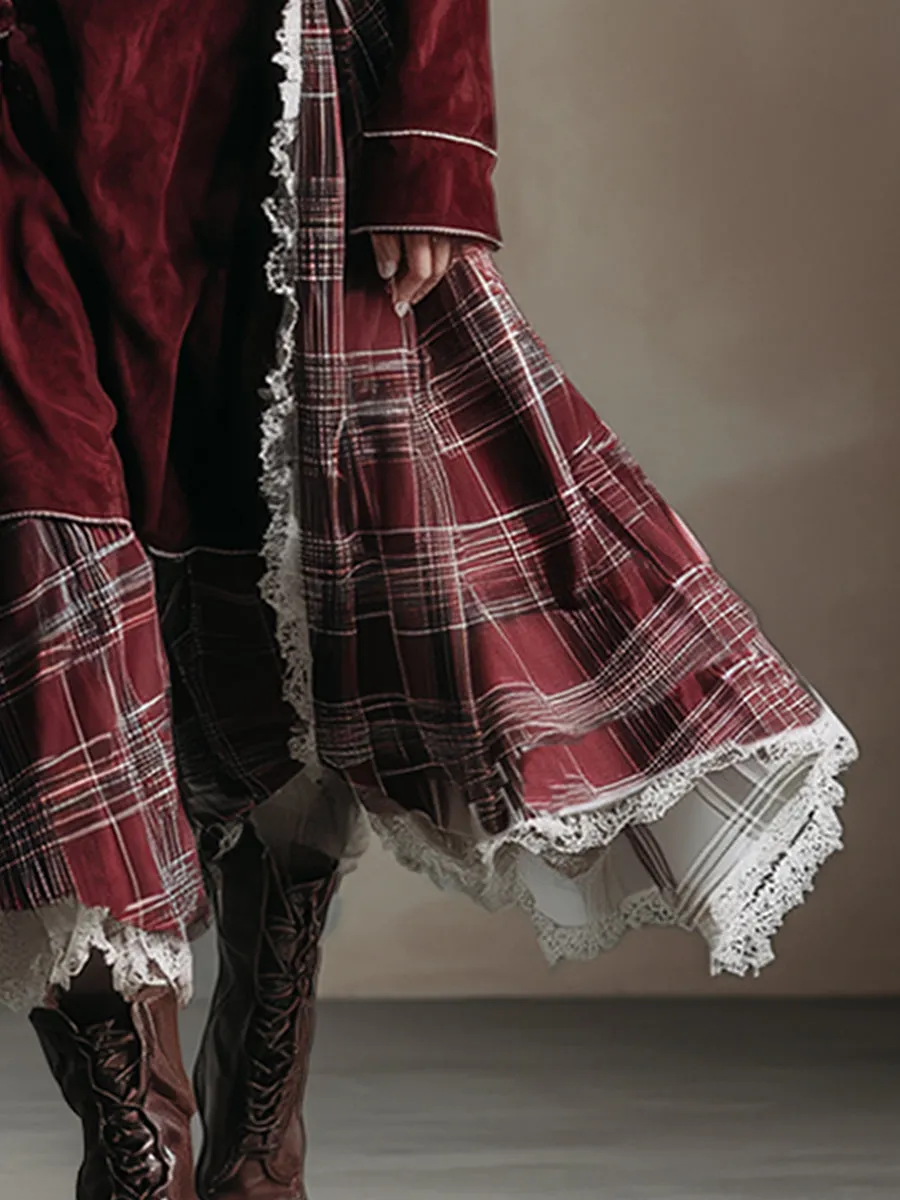 Vintage Burgundy Faux Suede Patchwork Plaid Lace Trim Maxi Dress sold by Oyrosy product image thumbnail 4