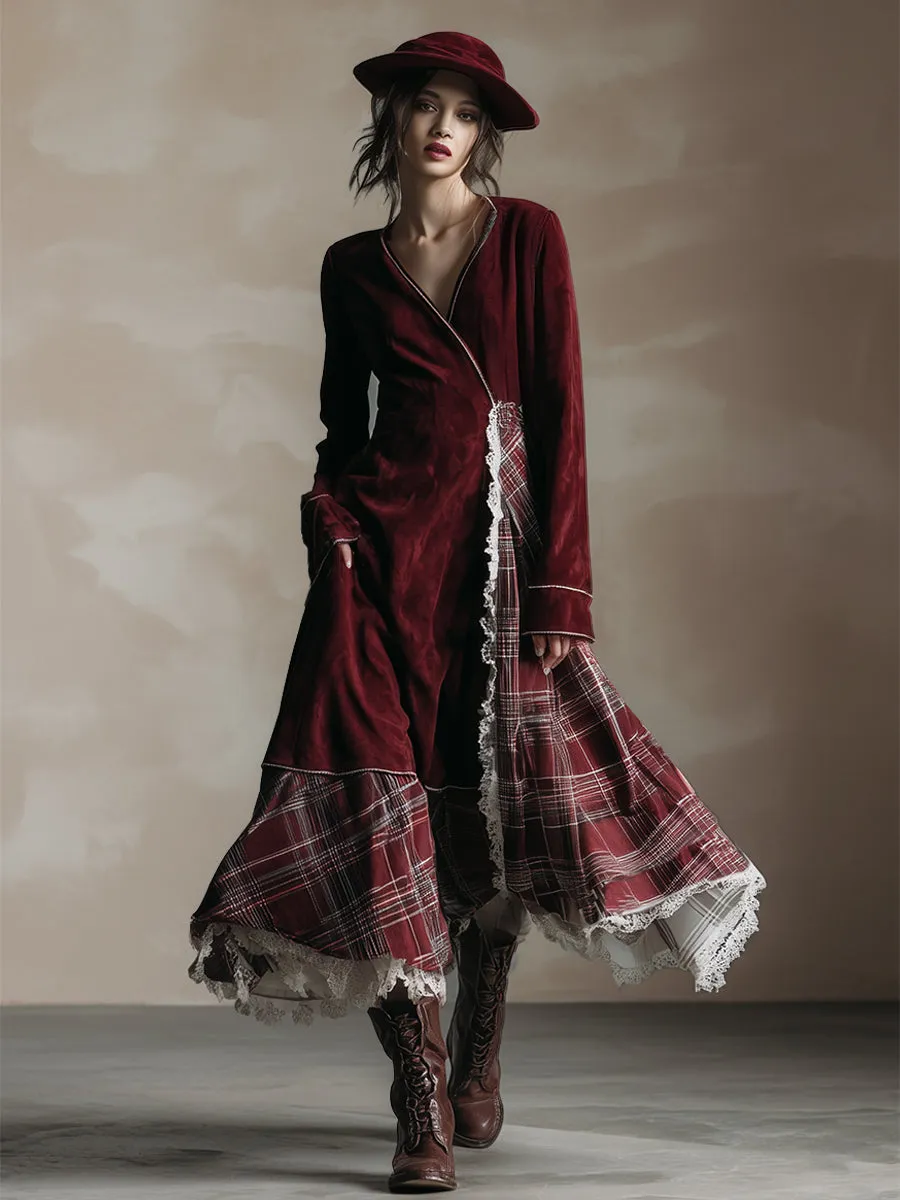 Vintage Burgundy Faux Suede Patchwork Plaid Lace Trim Maxi Dress sold by Oyrosy product image thumbnail 2