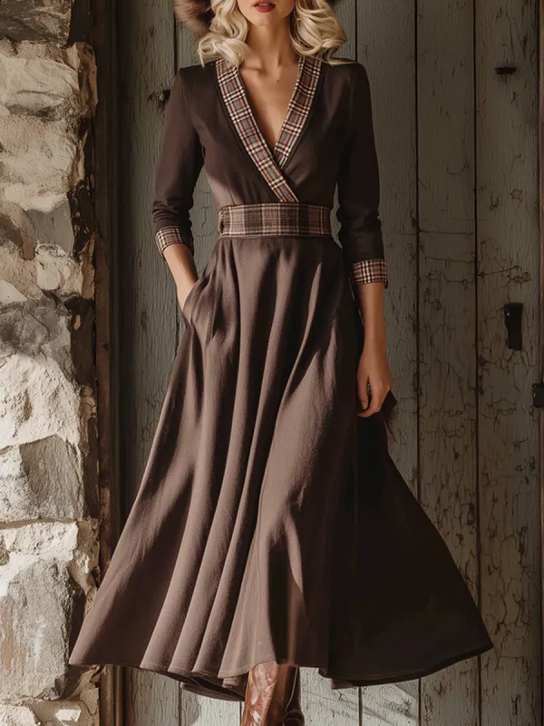 Elegant Retro Plaid Trim Brown A-line Maxi Dress sold by Oyrosy