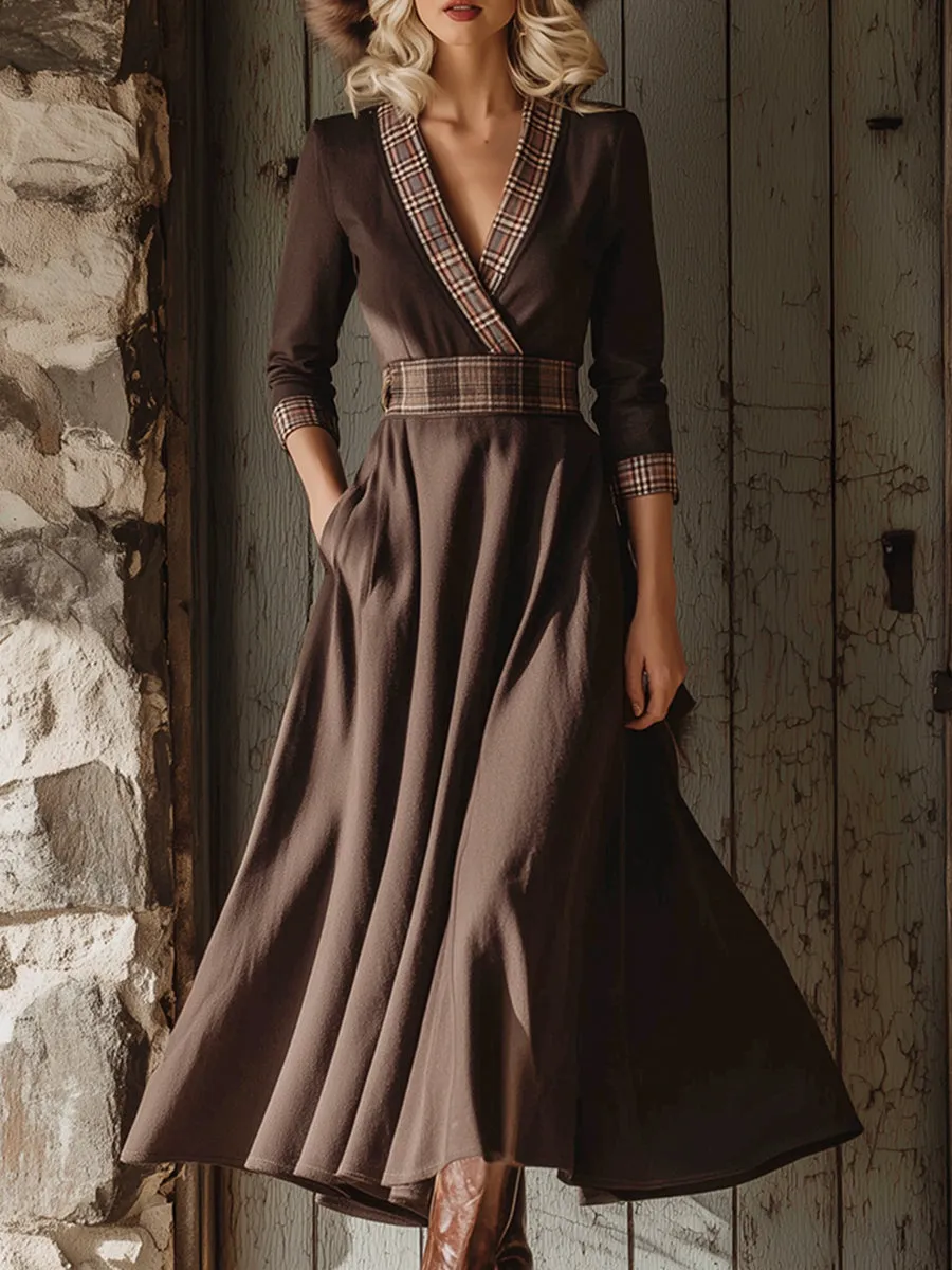 Elegant Retro Plaid Trim Brown A-line Maxi Dress sold by Oyrosy