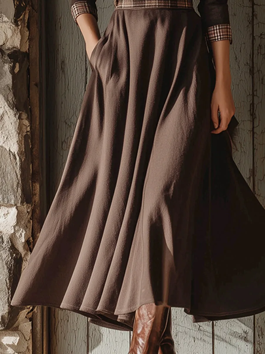 Elegant Retro Plaid Trim Brown A-line Maxi Dress sold by Oyrosy product image thumbnail 4