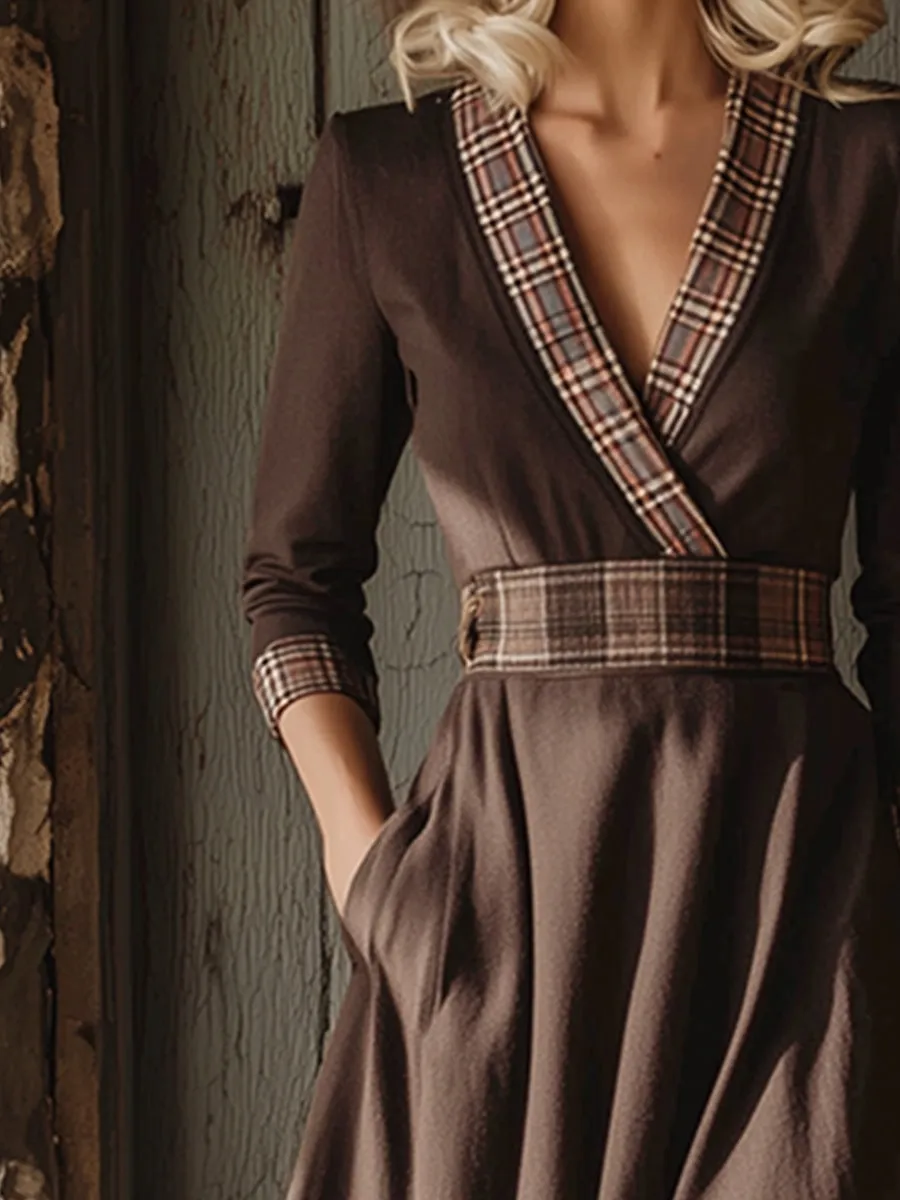 Elegant Retro Plaid Trim Brown A-line Maxi Dress sold by Oyrosy product image thumbnail 3