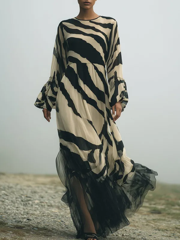 Elegant Vintage Khaki Tiger Print Organza Hem Chiffon Maxi Dress sold by Oyrosy