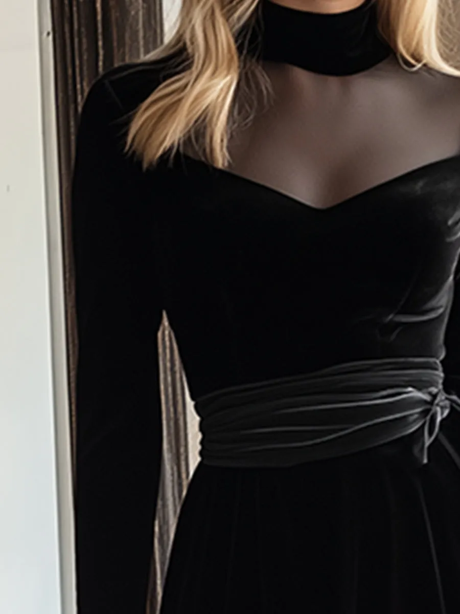 Elegant And Classic Mesh Collar Black Velvet Maxi Dress sold by Oyrosy product image thumbnail 3
