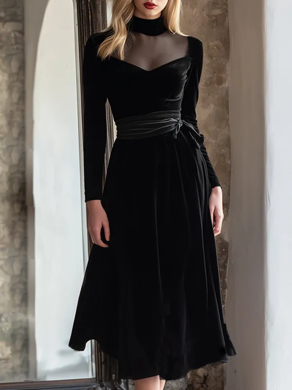 Elegant And Classic Mesh Collar Black Velvet Maxi Dress sold by Oyrosy