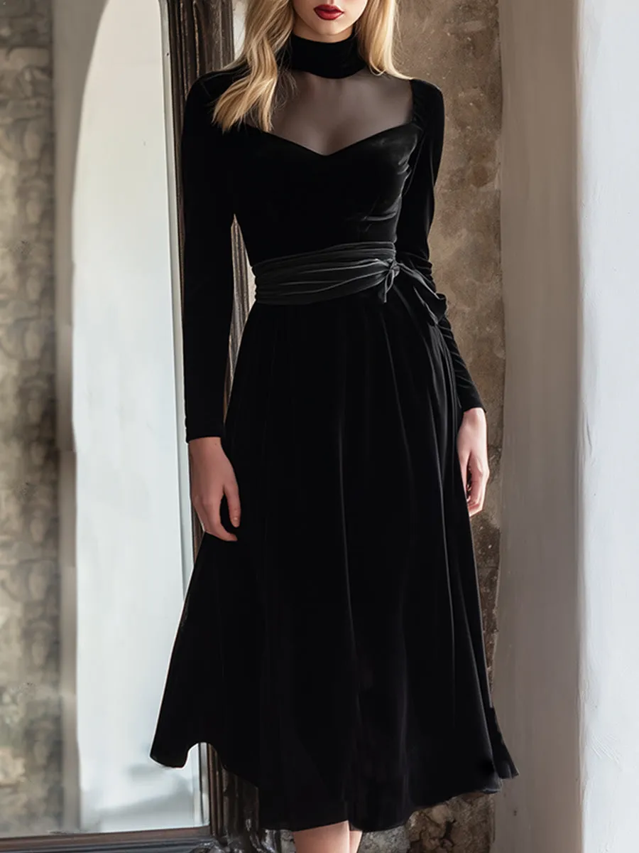 Elegant And Classic Mesh Collar Black Velvet Maxi Dress sold by Oyrosy