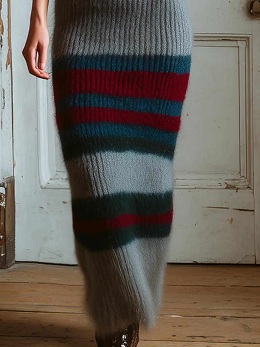 Retro Urban Contrast Striped Gray Knitted Slim Maxi Dress sold by Oyrosy product image thumbnail 4
