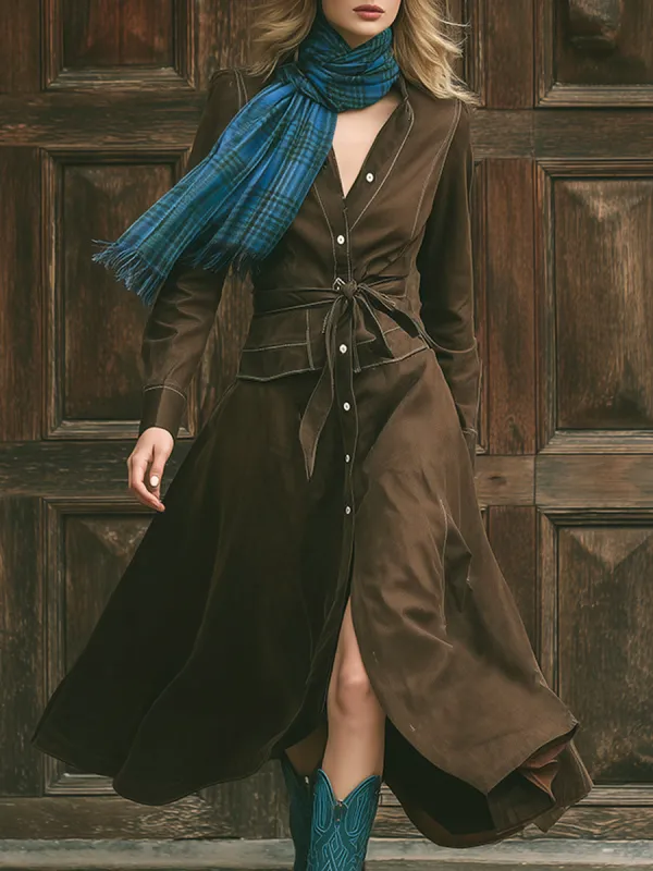 Retro Western V-neck Brown A-line Maxi Dress sold by Oyrosy