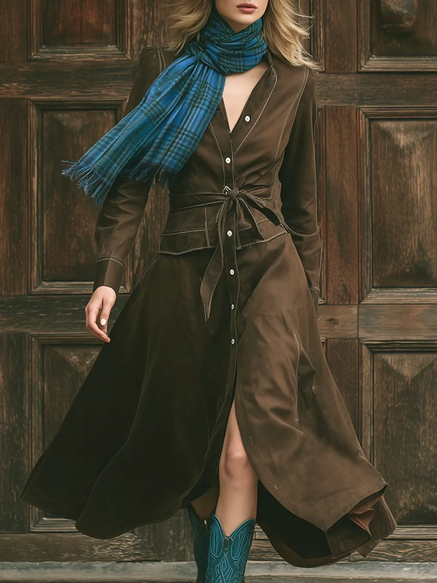 Retro Western V-neck Brown A-line Maxi Dress sold by Oyrosy