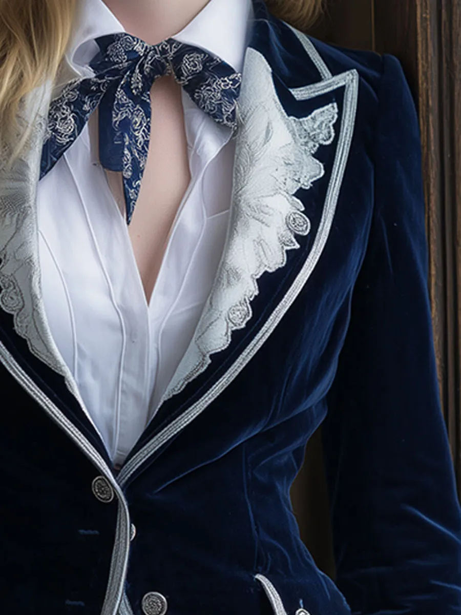 Retro White Lace Splicing Blue Velvet Blazer sold by Oyrosy product image thumbnail 3