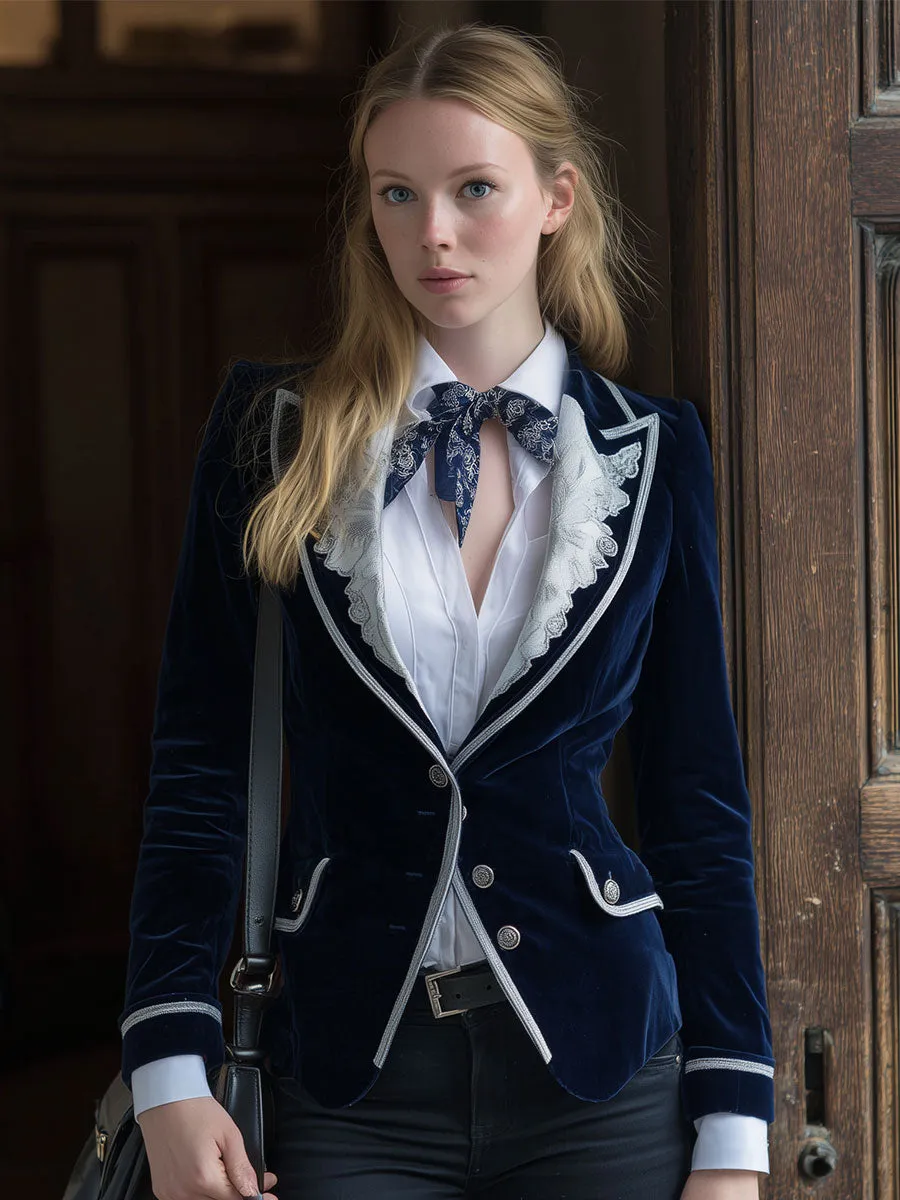 Retro White Lace Splicing Blue Velvet Blazer sold by Oyrosy product image thumbnail 2