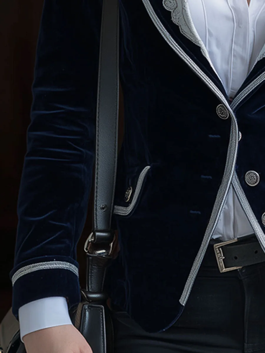 Retro White Lace Splicing Blue Velvet Blazer sold by Oyrosy product image thumbnail 4