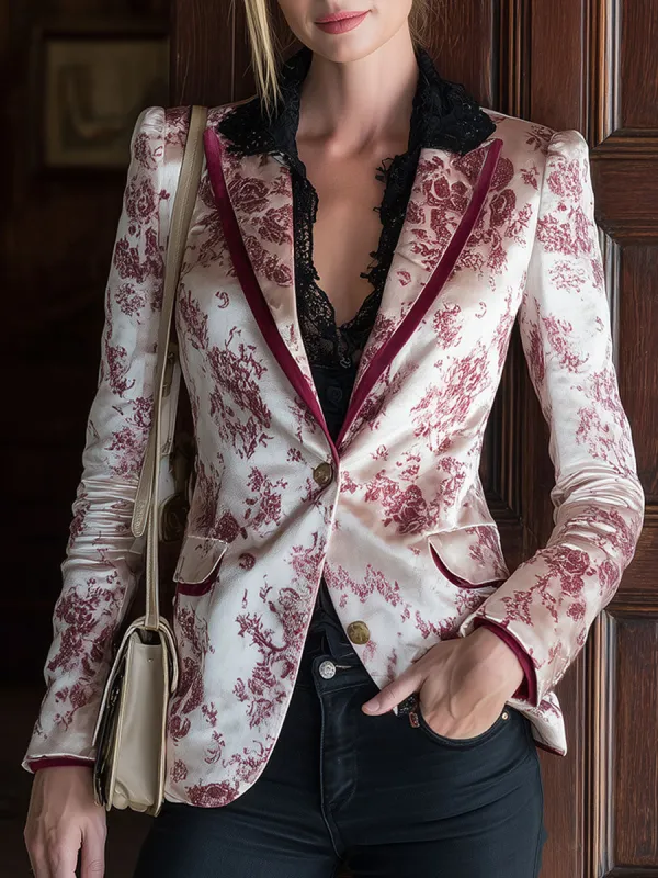 Exquisite Retro Red Print White Velvet Blazer sold by Oyrosy