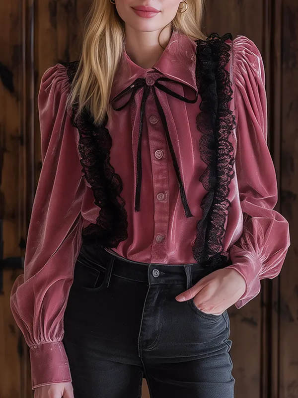 Exquisite Retro Black Lace Stitching Pink Velvet Shirt sold by Oyrosy