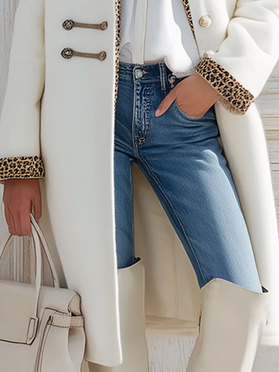 Elegant Retro Leopard Print Patchwork White Wool Hooded Coat sold by Oyrosy product image thumbnail 4