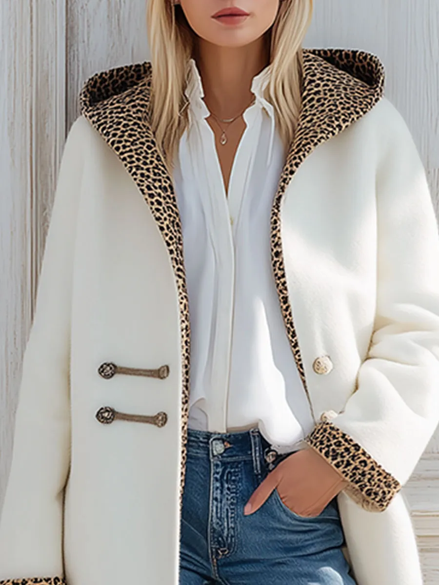 Elegant Retro Leopard Print Patchwork White Wool Hooded Coat sold by Oyrosy product image thumbnail 3