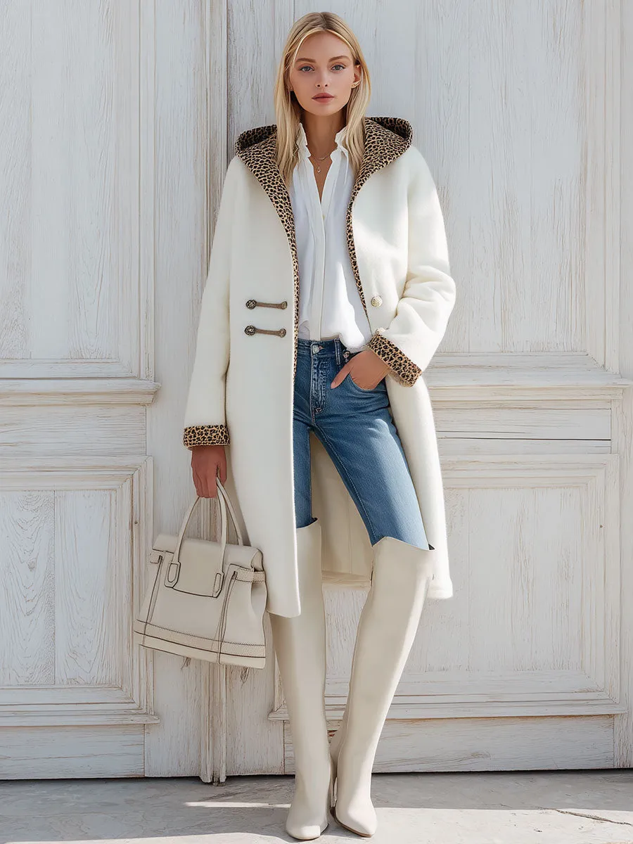 Elegant Retro Leopard Print Patchwork White Wool Hooded Coat sold by Oyrosy product image thumbnail 2
