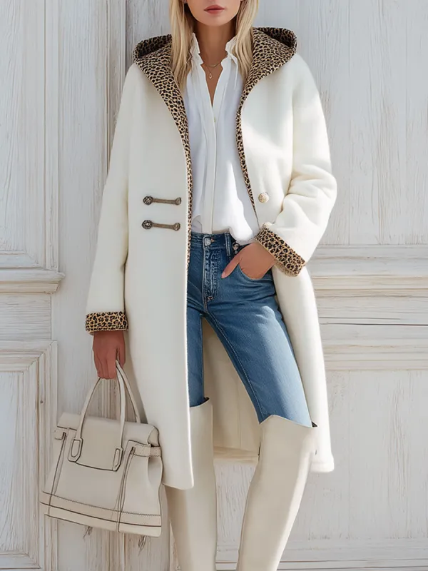 Elegant Retro Leopard Print Patchwork White Wool Hooded Coat sold by Oyrosy