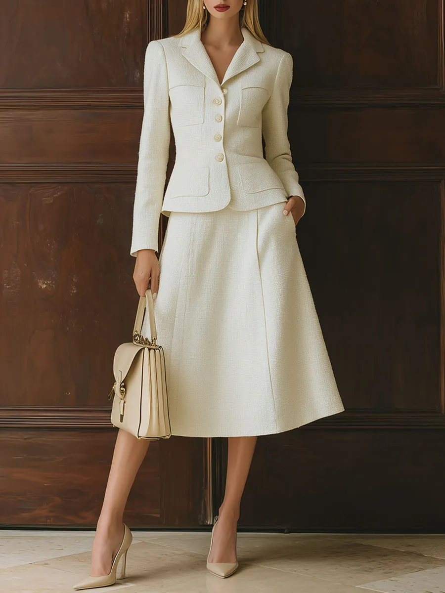 Elegant Retro Urban White Tweed Skirt Suit sold by Oyrosy