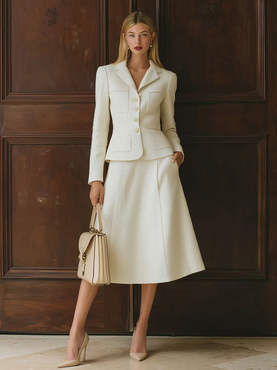 Elegant Retro Urban White Tweed Skirt Suit sold by Oyrosy product image thumbnail 2