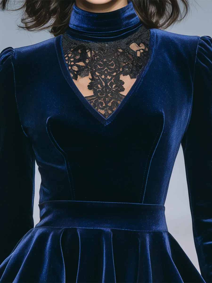 Luxurious Blue Velvet And Lace Ruffled Top sold by Oyrosy product image thumbnail 3