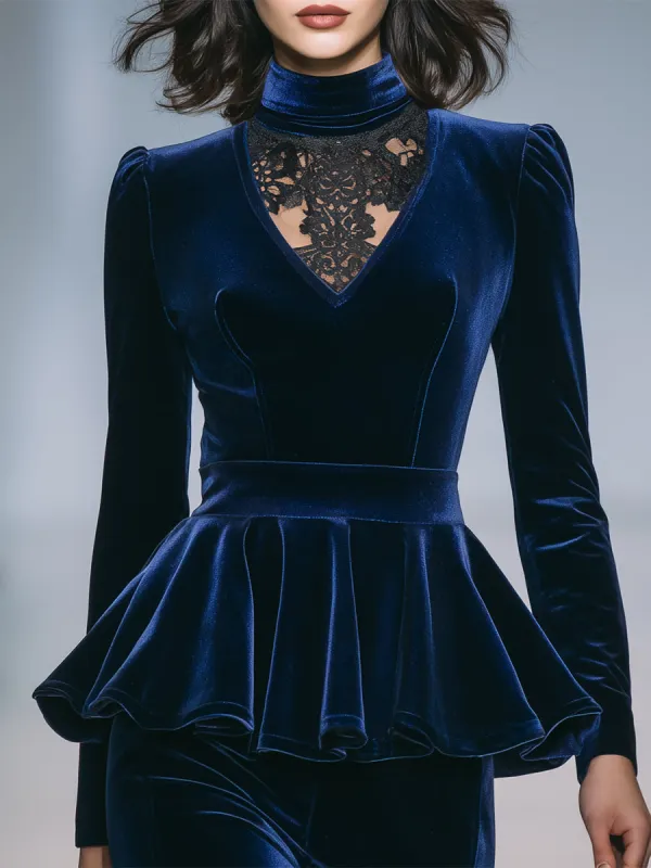 Luxurious Blue Velvet And Lace Ruffled Top sold by Oyrosy