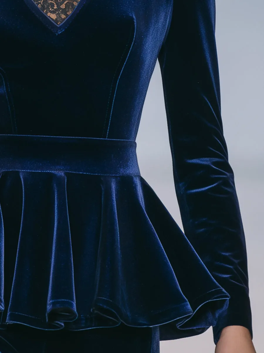 Luxurious Blue Velvet And Lace Ruffled Top sold by Oyrosy product image thumbnail 4