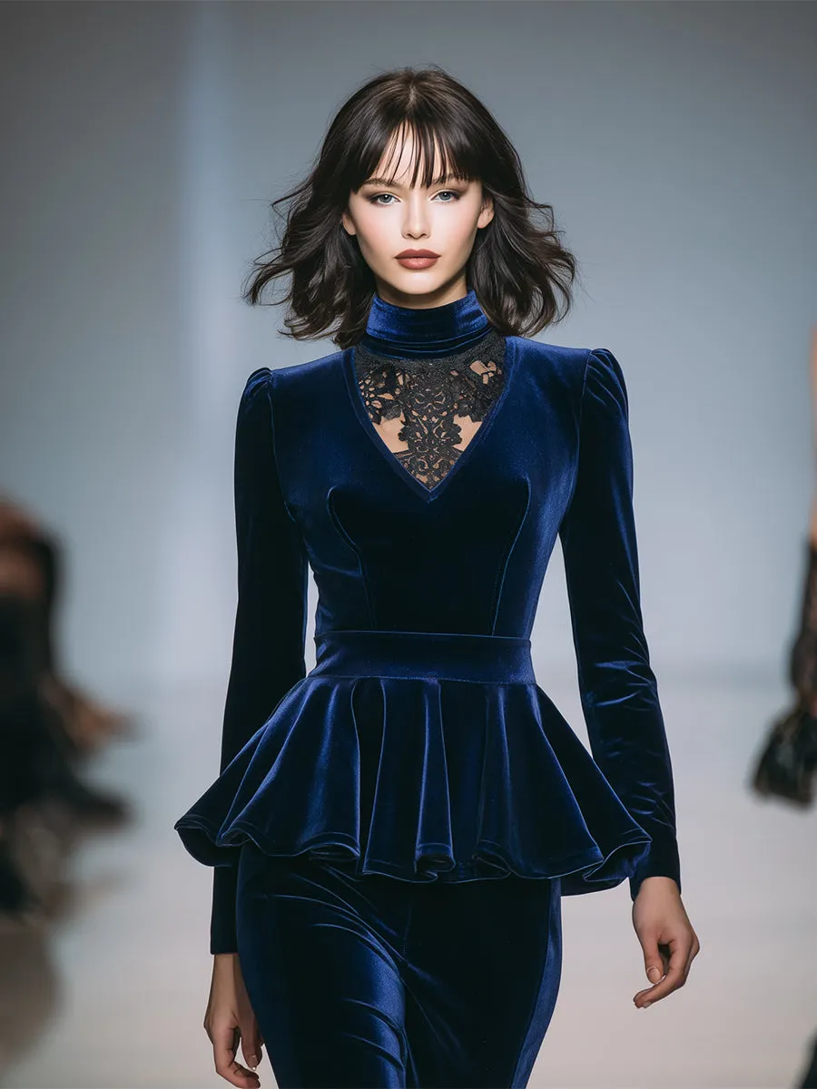 Luxurious Blue Velvet And Lace Ruffled Top sold by Oyrosy product image thumbnail 2