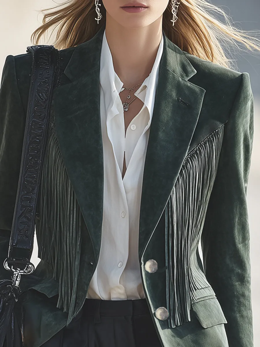 Retro Western Casual Dark Green Faux Suede Tassel Blazer sold by Oyrosy product image thumbnail 3