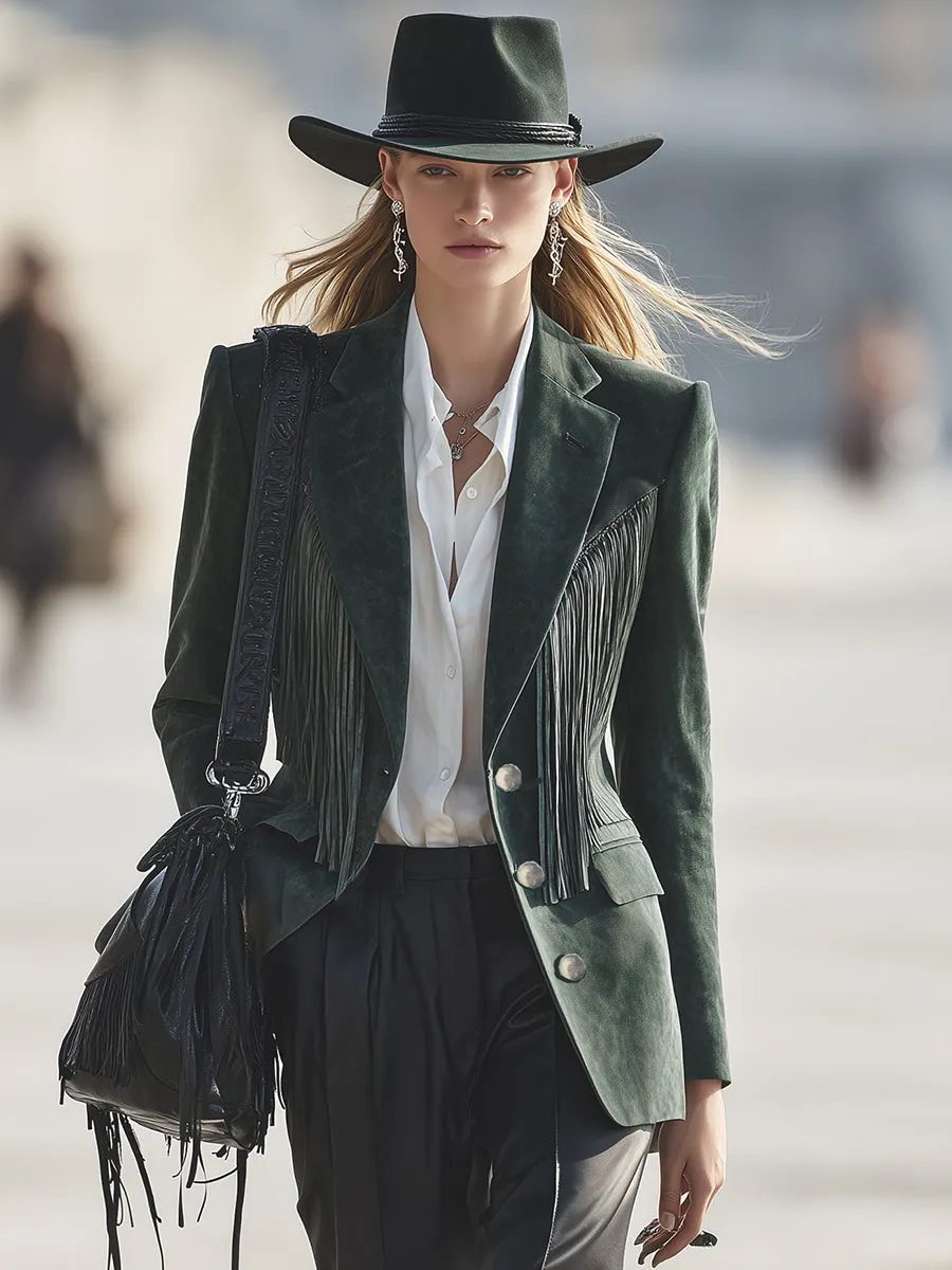 Retro Western Casual Dark Green Faux Suede Tassel Blazer sold by Oyrosy product image thumbnail 2