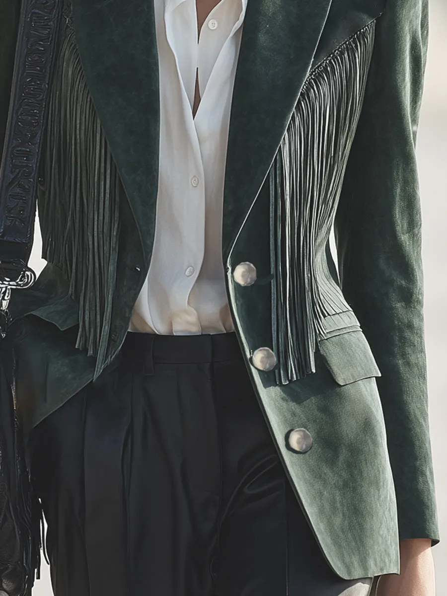 Retro Western Casual Dark Green Faux Suede Tassel Blazer sold by Oyrosy product image thumbnail 4
