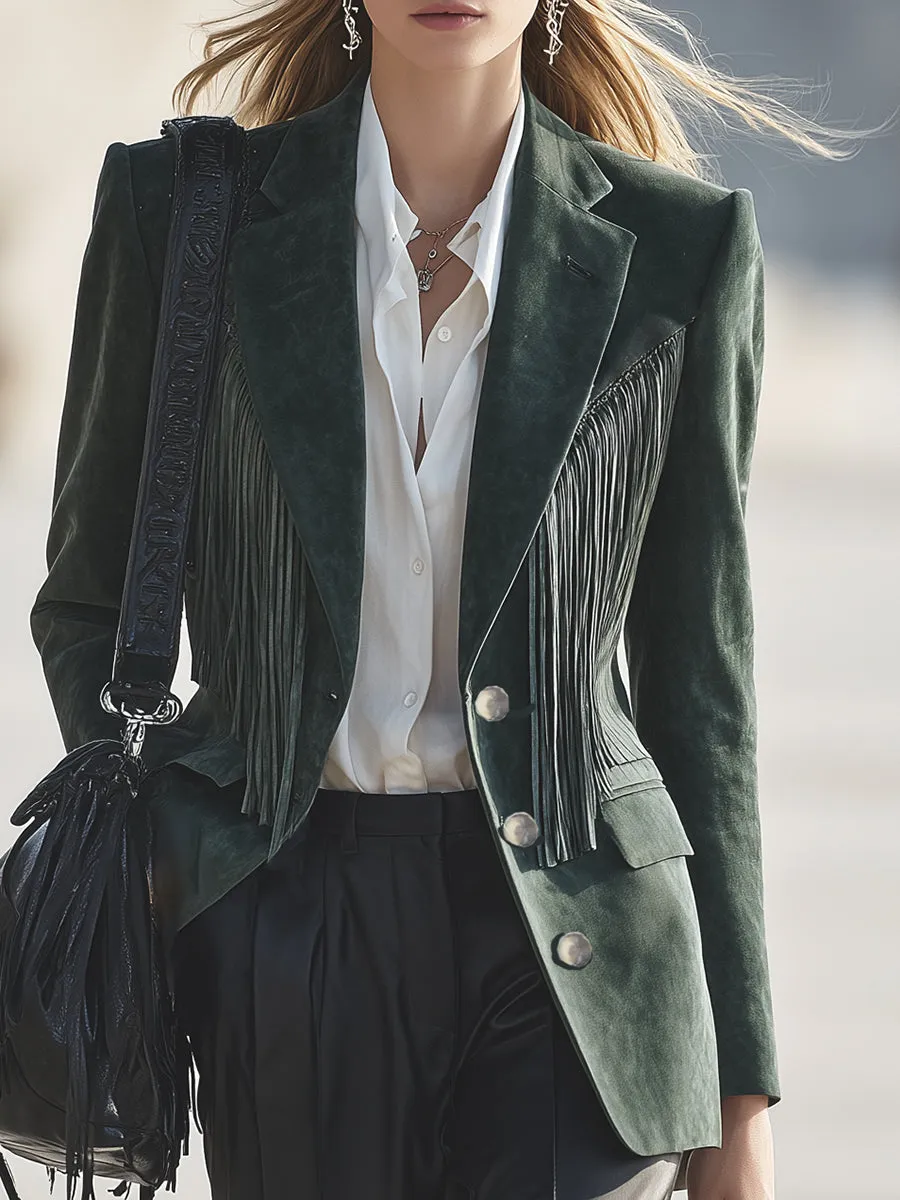 Retro Western Casual Dark Green Faux Suede Tassel Blazer sold by Oyrosy