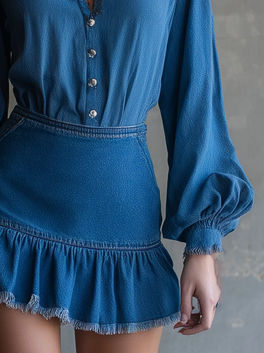 Retro Fashion Button-detailed Blue Denim Raw-edge Mini Dress sold by Oyrosy product image thumbnail 4