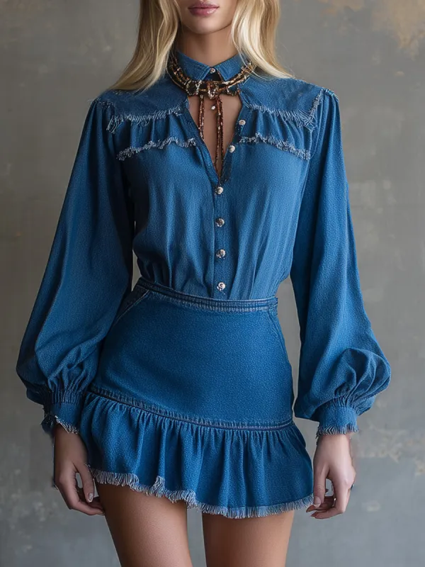 Retro Fashion Button-detailed Blue Denim Raw-edge Mini Dress sold by Oyrosy