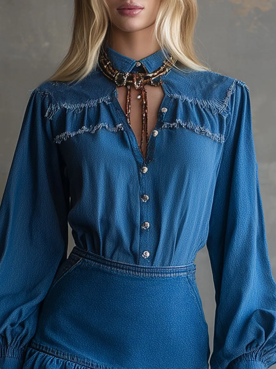 Retro Fashion Button-detailed Blue Denim Raw-edge Mini Dress sold by Oyrosy product image thumbnail 3