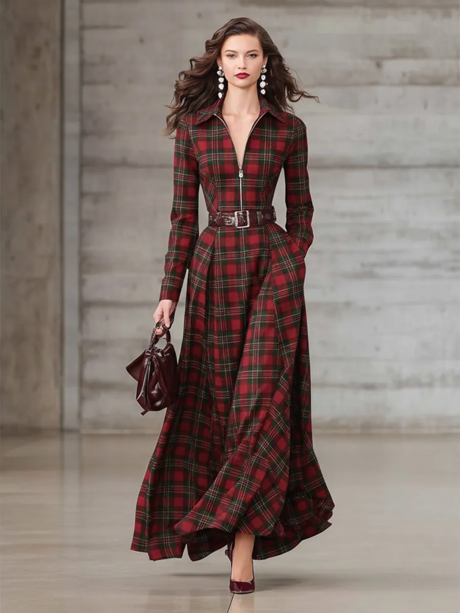 Fashionable Pure Cotton Plaid Zipper Design Maxi Dress sold by Oyrosy product image thumbnail 2