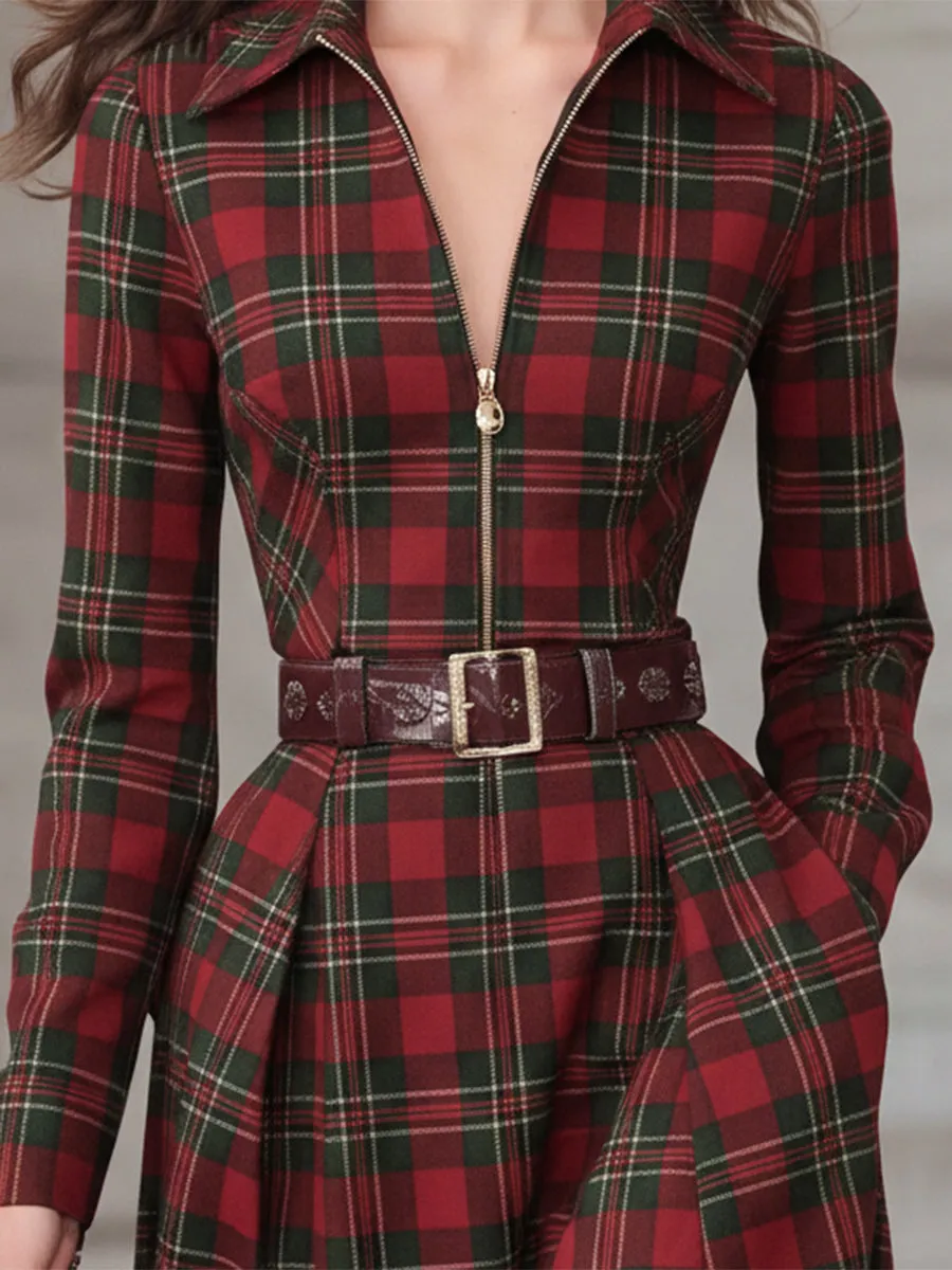 Fashionable Pure Cotton Plaid Zipper Design Maxi Dress sold by Oyrosy product image thumbnail 3