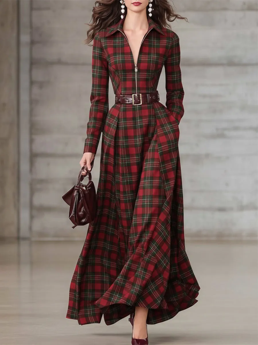 Fashionable Pure Cotton Plaid Zipper Design Maxi Dress sold by Oyrosy