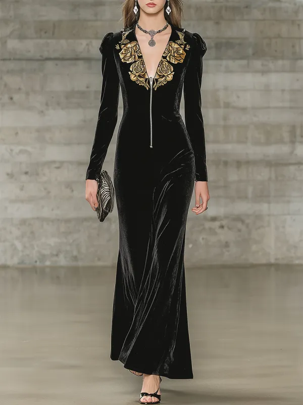 Elegant Black Velvet Zipper Design Gold Rose Print Maxi Dress sold by Oyrosy