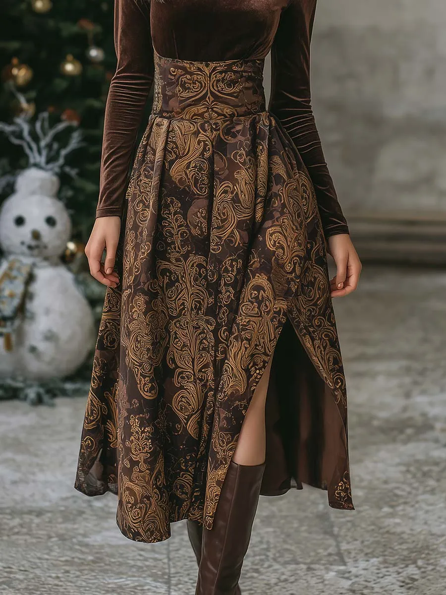 Retro Exquisite And Elegant High Collar Brown Velvet Printed Slit Midi Dress sold by Oyrosy product image thumbnail 4