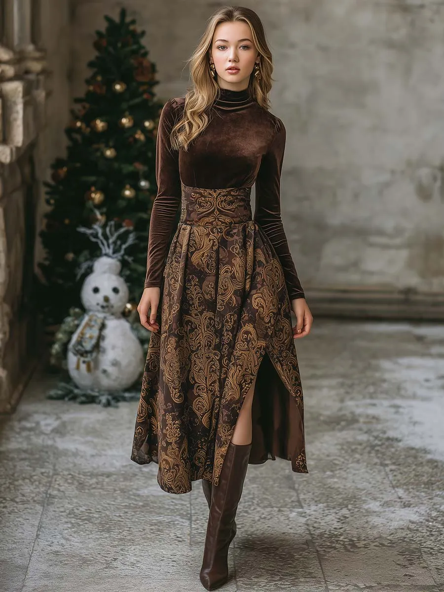Retro Exquisite And Elegant High Collar Brown Velvet Printed Slit Midi Dress sold by Oyrosy product image thumbnail 2
