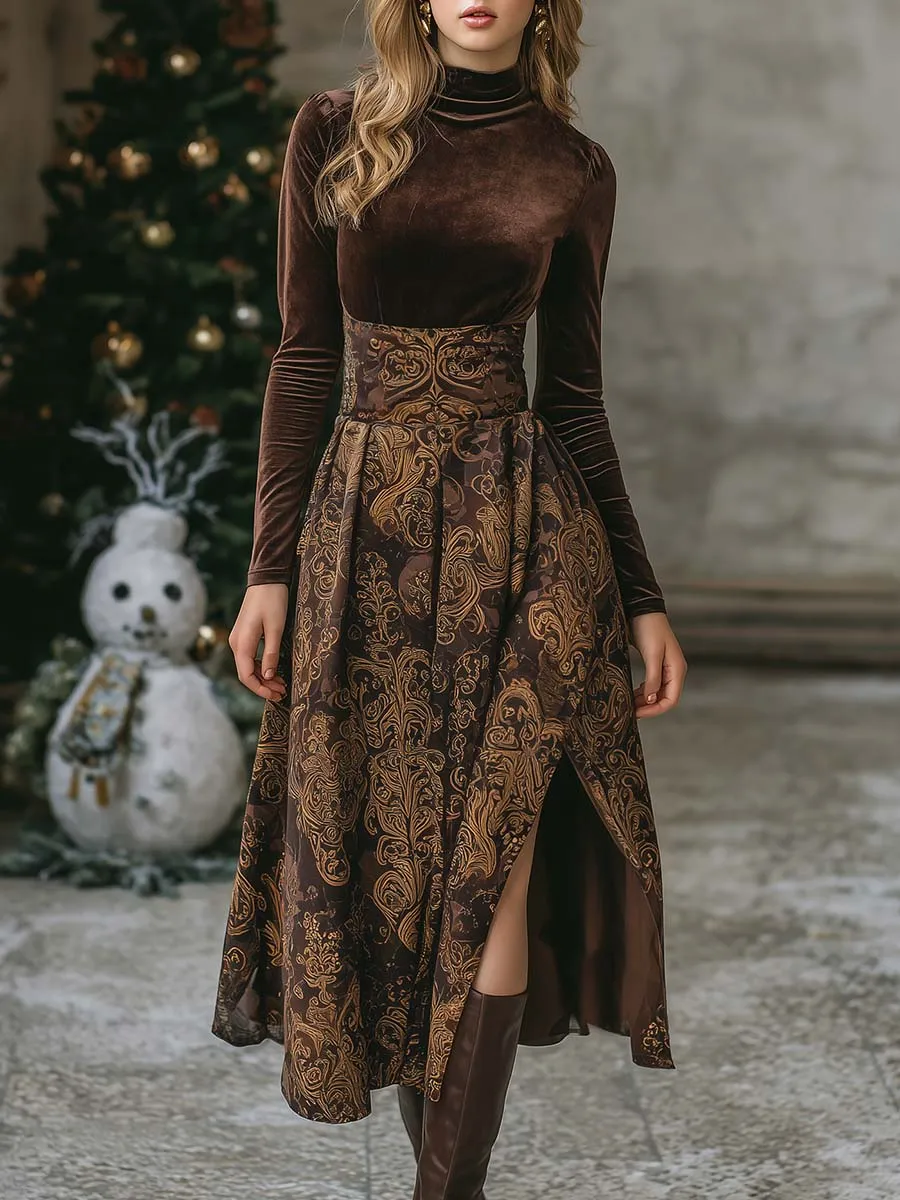 Retro Exquisite And Elegant High Collar Brown Velvet Printed Slit Midi Dress sold by Oyrosy