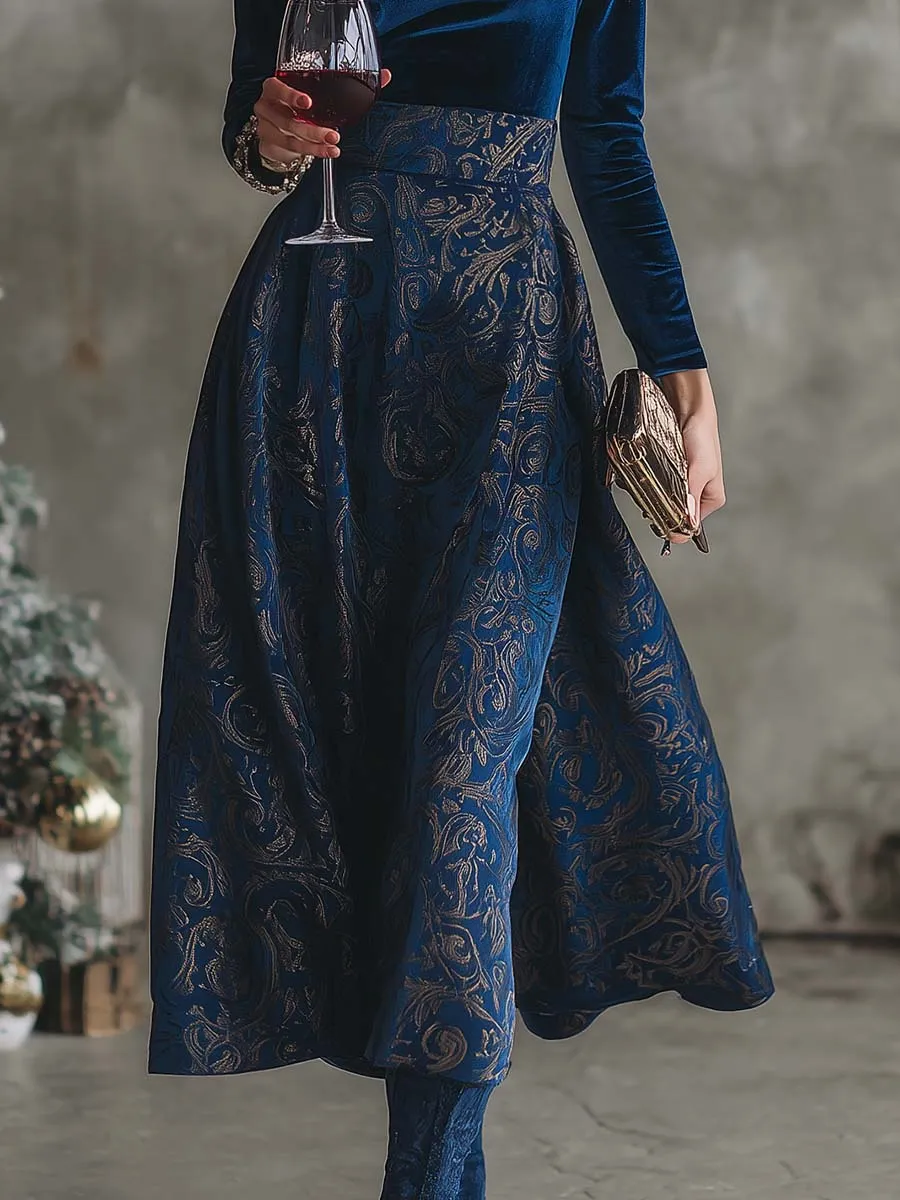 Elegant Retro High-neck Royal Blue Velvet Printed Midi Dress sold by Oyrosy product image thumbnail 2