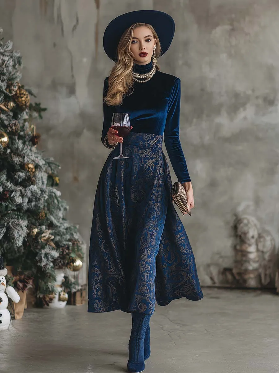 Elegant Retro High-neck Royal Blue Velvet Printed Midi Dress sold by Oyrosy product image thumbnail 3