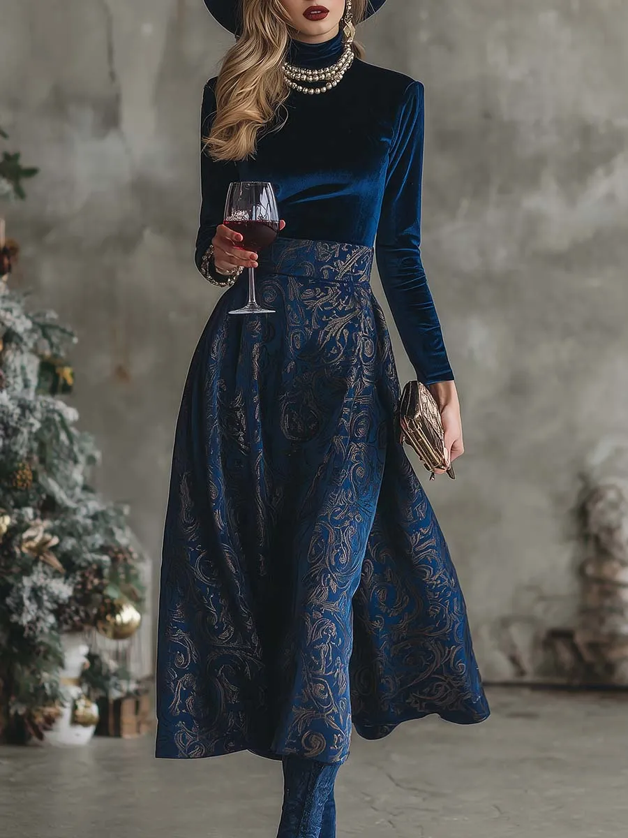 Elegant Retro High-neck Royal Blue Velvet Printed Midi Dress sold by Oyrosy