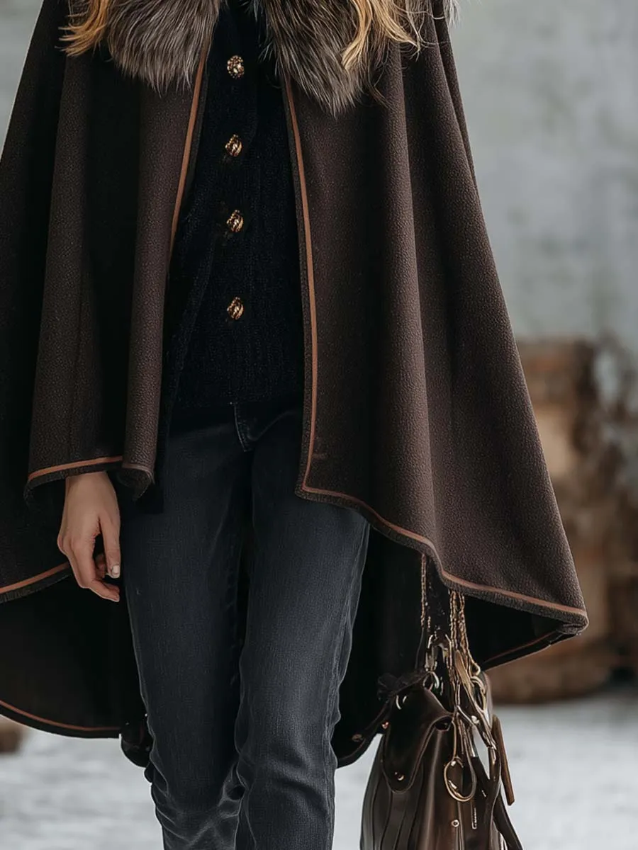 Vintage Warm Faux Fur Collar Dark Brown Woolen Cloak Coat sold by Oyrosy product image thumbnail 4