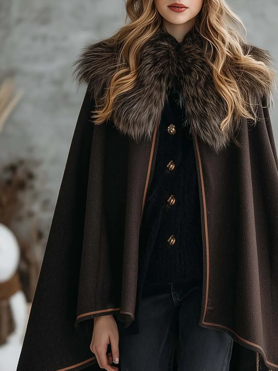 Vintage Warm Faux Fur Collar Dark Brown Woolen Cloak Coat sold by Oyrosy product image thumbnail 3