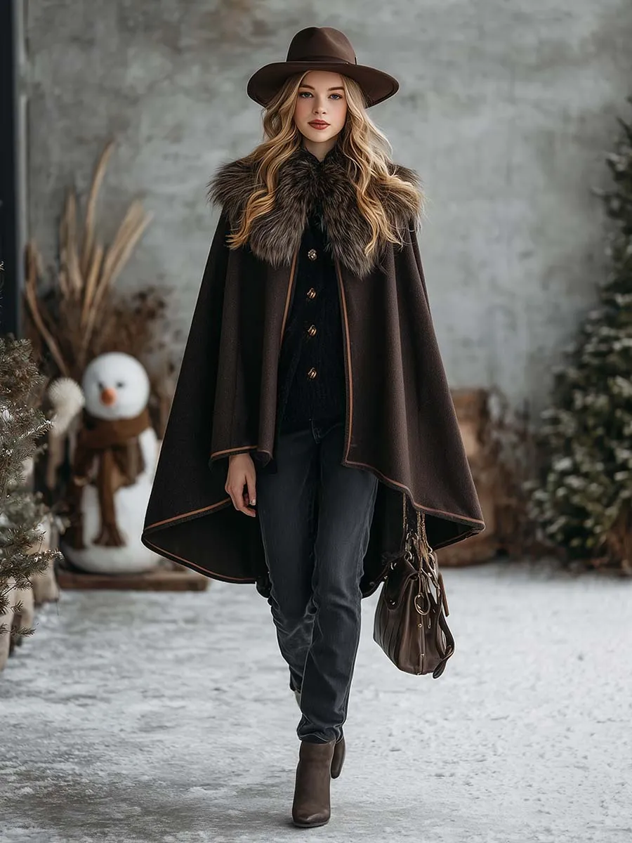 Vintage Warm Faux Fur Collar Dark Brown Woolen Cloak Coat sold by Oyrosy product image thumbnail 2