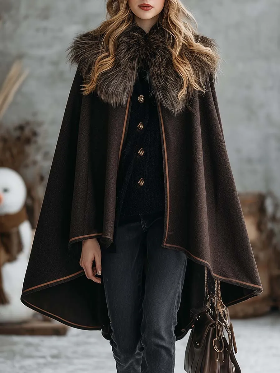 Vintage Warm Faux Fur Collar Dark Brown Woolen Cloak Coat sold by Oyrosy