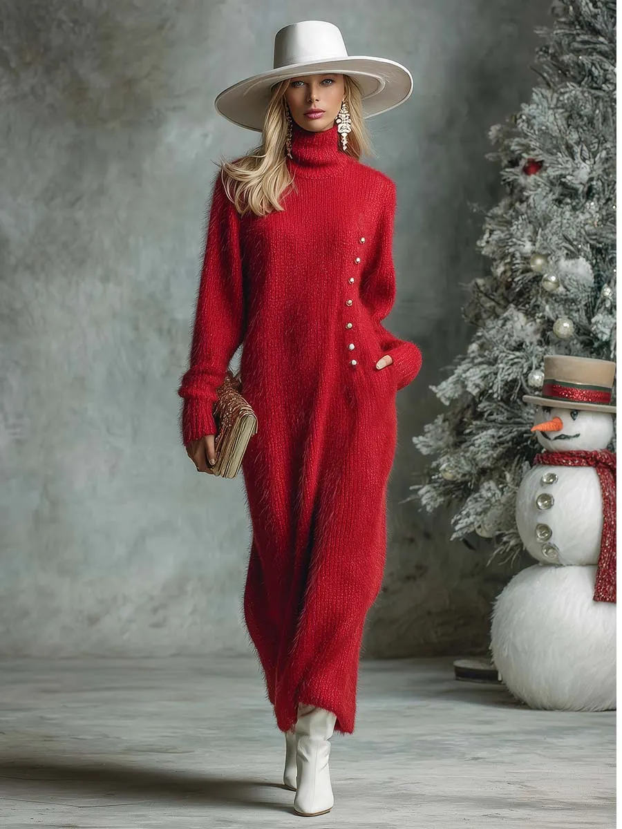Vintage Exquisite And Comfortable High Collar Button Decoration Red Imitation Rabbit Fur Knitted Maxi Dress sold by Oyrosy product image thumbnail 2